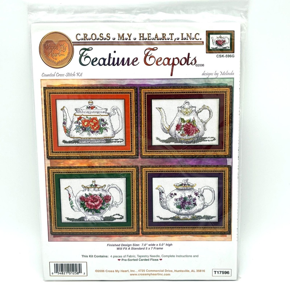 Cross My Heart Teatime Teapots Cross Stitch Kit Makes 4 Floral Tea CSK-596G New